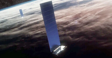 In this conceptual view, each Starlink satellite unfurls a single solar panel. SpaceX